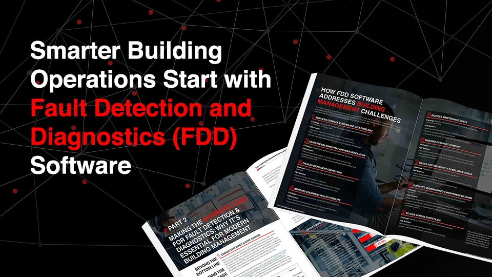 Image with the headline “Smarter Building Operations Start with Fault Detection and Diagnostics (FDD) Software,” promoting the company's FDD eBook on smart building management