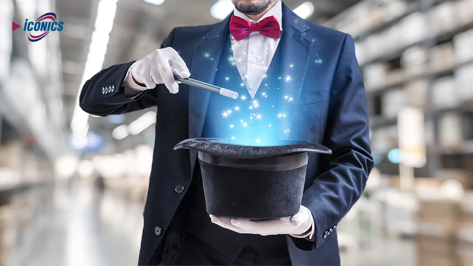 Picture of a magician holding a top had upside down and waving a wand over the opening, generating blue light and stars