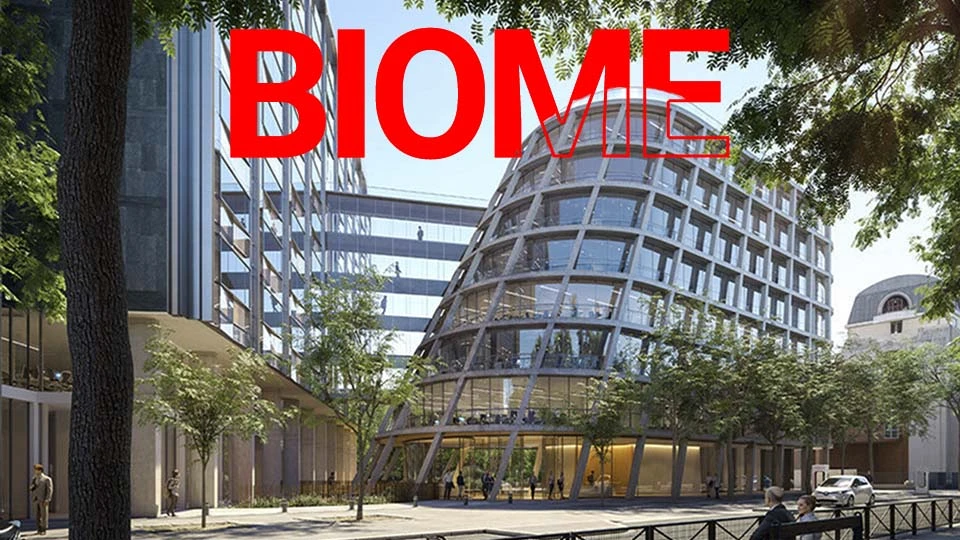 The image shows the modern BIOME building in Paris, featuring a distinctive curved glass façade and surrounded by trees, with the word “BIOME” prominently displayed in bold red letters across the top.
