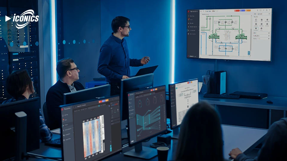 Four people in a classroom at desks along an aisle facing each other, with an instructor using a flat screen monitor on the wall. All screens feature GENESIS dashboards