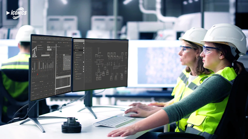 Two female operators are looking at high performance HMI displays