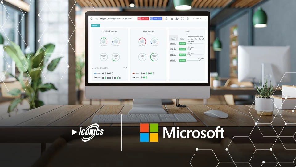 Metrics for building energy use and efficiency is displayed on a computer with ICONICS and Microsoft logos. 