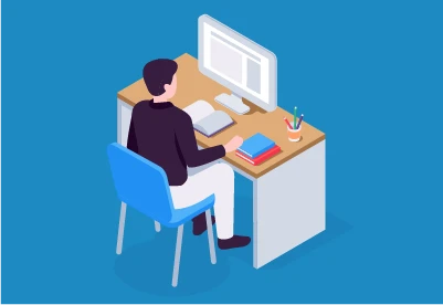 Isometric graphic showing man sitting at computer desk