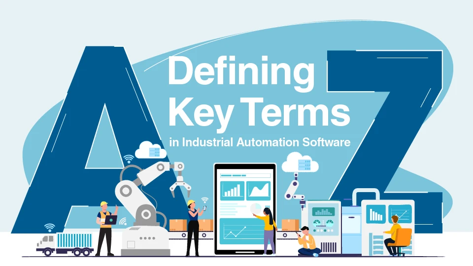 Illustration representing a glossary of key terms for automation software used in SCADA, BAS, FMS, EMS, MES, and DCIM.