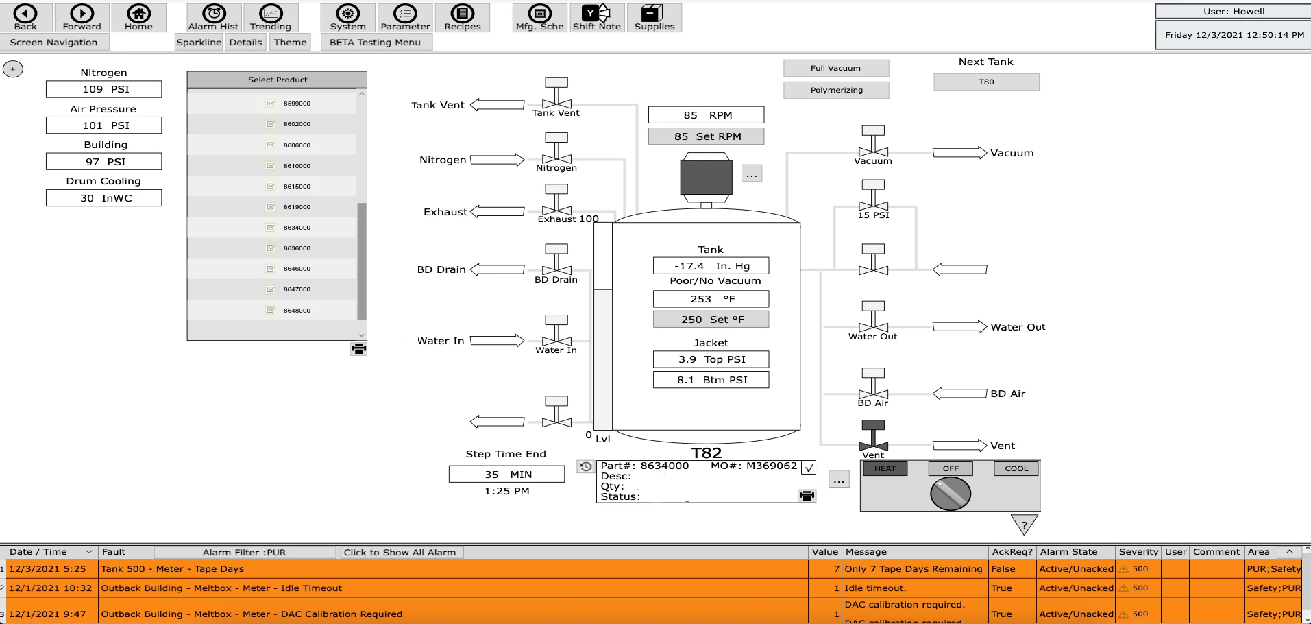 Chemical Reactor Control Screen
