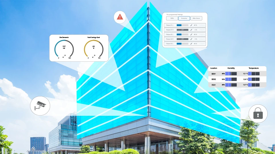 Modern glass building with control dashboards for different operations