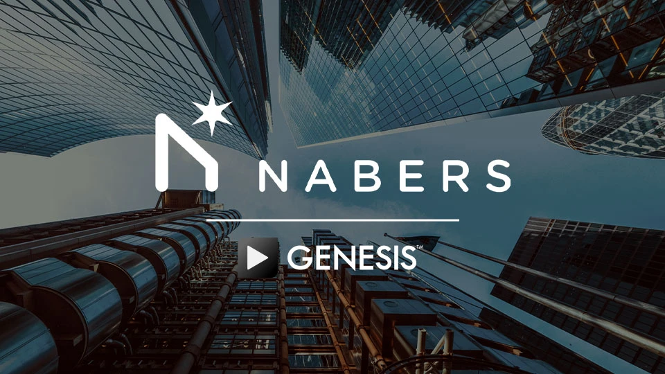 Upward view of modern city skyscrapers with the NABERS logo and GENESIS branding overlayed.