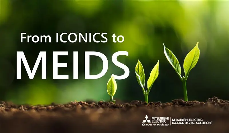 A nature-themed banner shows three green seedlings at different growth stages sprouting from soil, with text "From ICONICS to MEIDS" and the new company logo in the bottom right