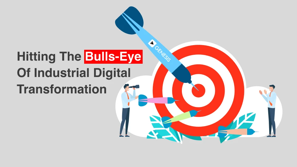 An illustration of a dart labeled “GENESIS” hitting the bullseye, symbolizing precision and success in industrial digital transformation.