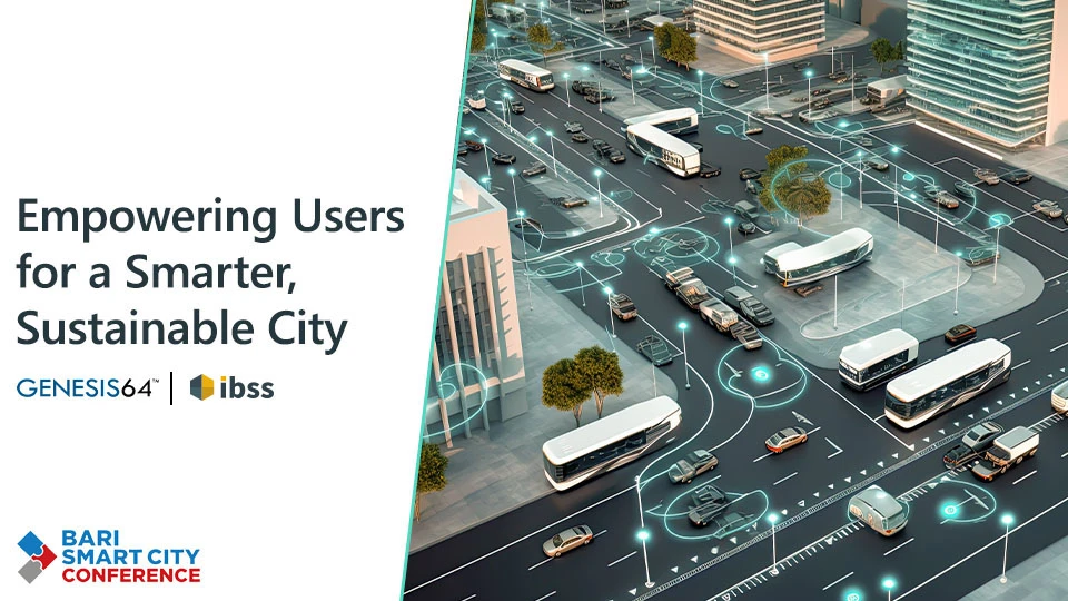 Empowering users for a smarter, sustainable city headline overlaid on a futuristic smart city