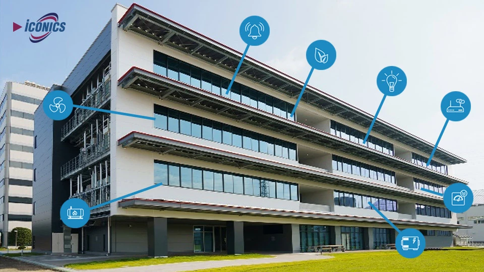 Photo of the SUSTIE smart building with icons pointing to select areas of the facade of the building