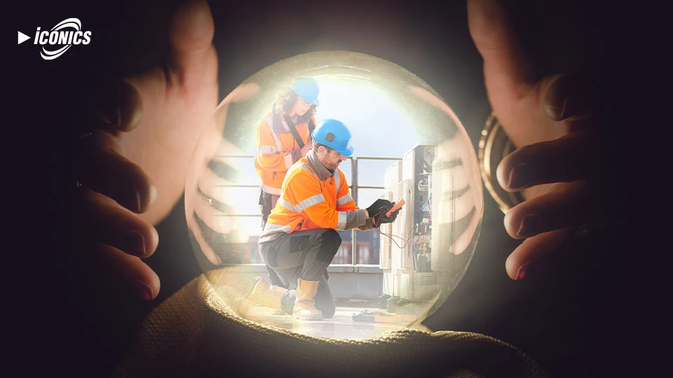 Photo montage depicting utility workers testing lines and possibly servers, from inside a crystal ball with hands on either side