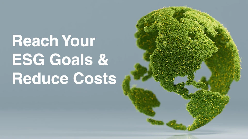 The image conveys a message about aligning environmental, social, and governance (ESG) objectives with cost-saving strategies—likely in the context of smart or sustainable technology solutions.